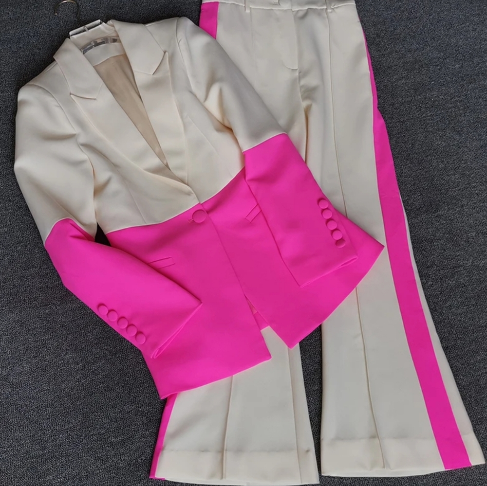Blazer Pants Suit Two Piece Set Office Ladies Women Color Match Business Single - Picture 2 of 6